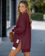Drop-Shoulder Slit Zip Sweatshirt