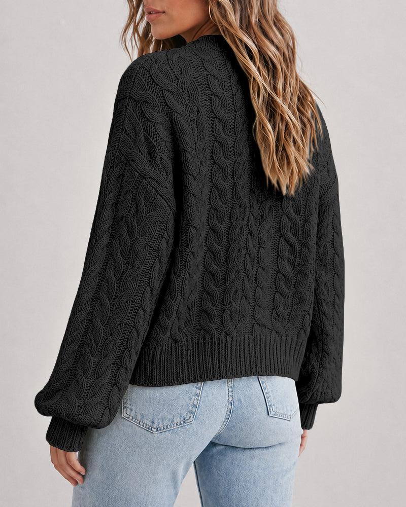 Cable-Knit Lantern-Sleeve V-Neck Cardigan — Noélla Montréal