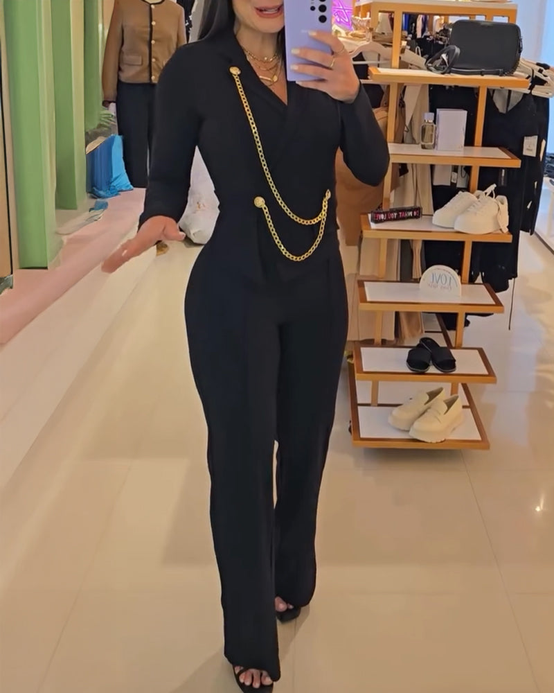 V-Neck Slit Chain Jumpsuit