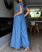 Denim V-Neck Backless Jumpsuit