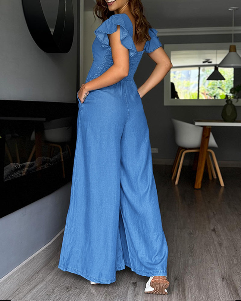 Denim V-Neck Backless Jumpsuit