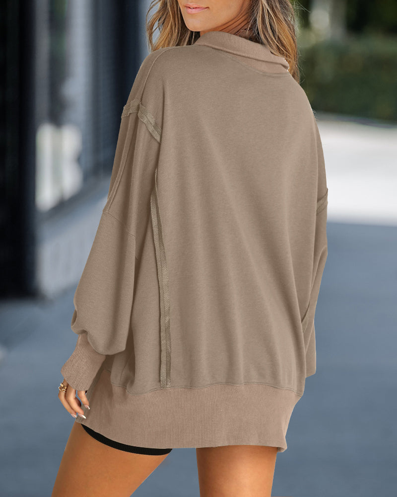 Snap-Button Drop-Shoulder Slit Sweatshirt