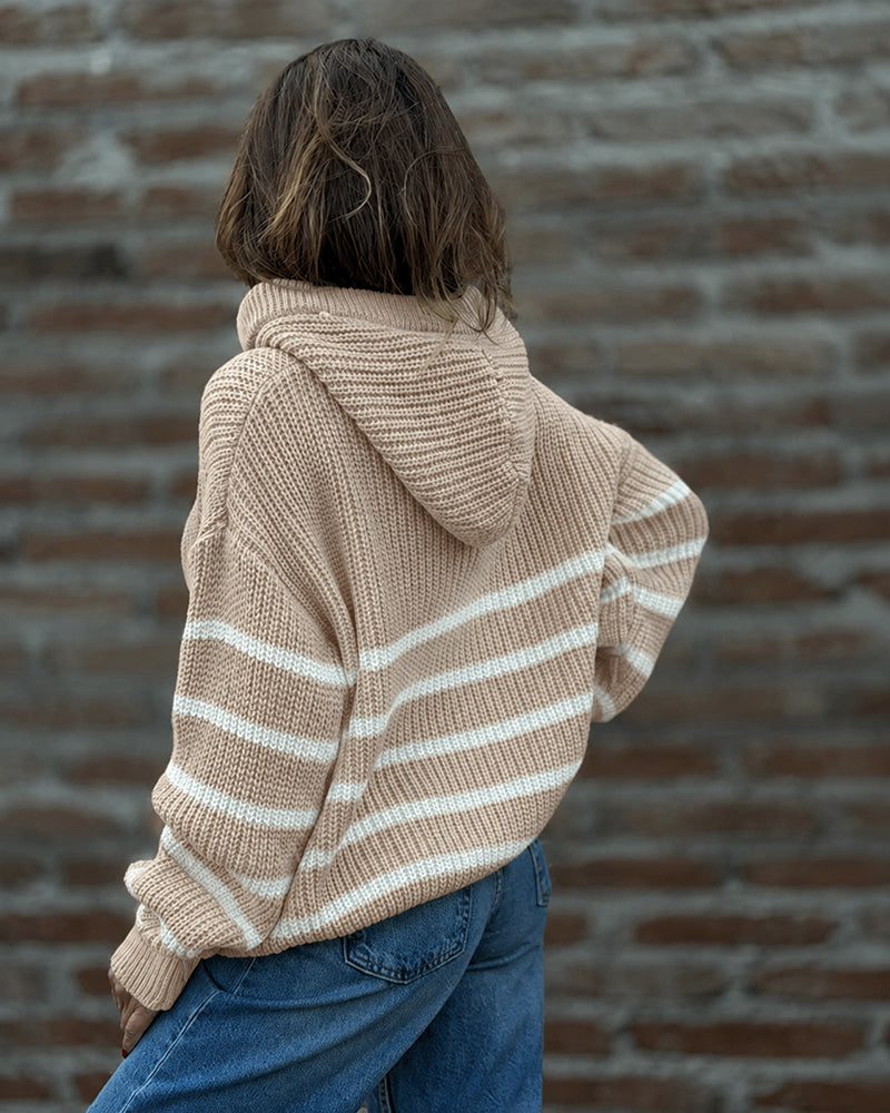 Striped Lantern-Sleeve Hooded Sweater — Noélla Montréal