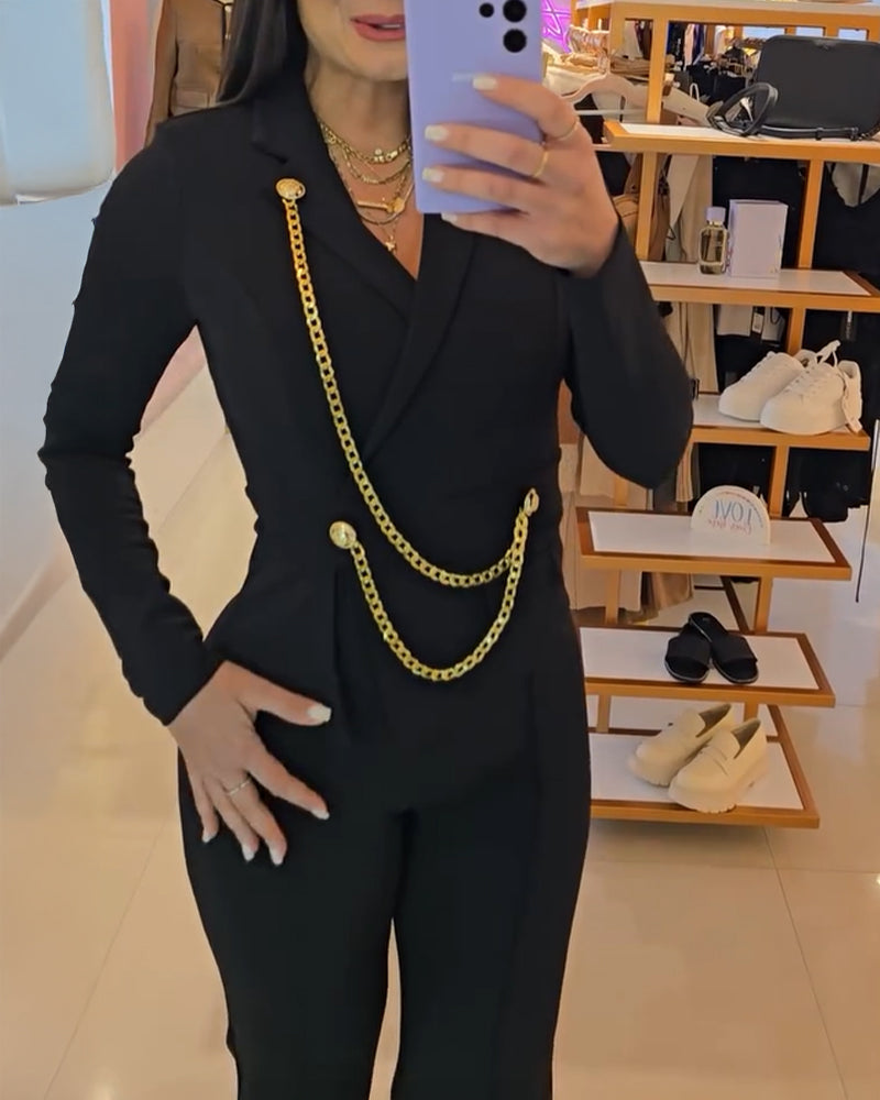 V-Neck Slit Chain Jumpsuit