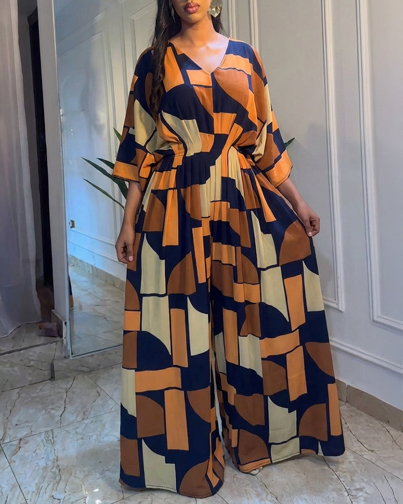 Colorblock Geometric V-Neck Jumpsuit