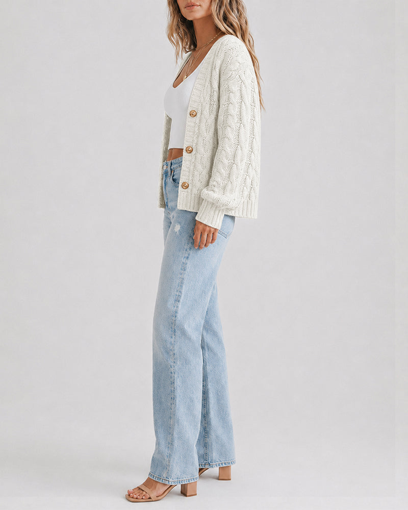 Cable-Knit Lantern-Sleeve V-Neck Cardigan — Noélla Montréal
