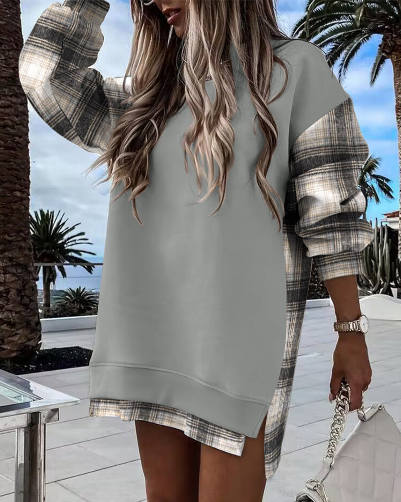 Plaid Drop-Shoulder Slit Sweatshirt