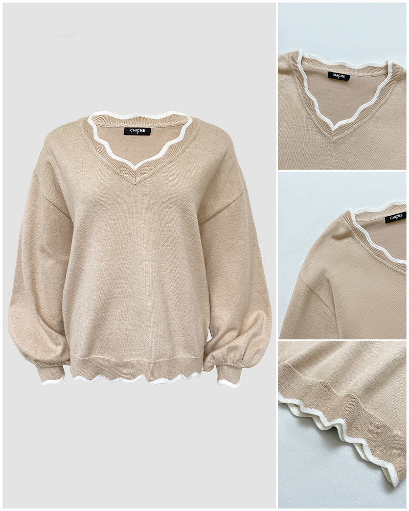 Lantern-Sleeve V-Neck Scallop-Trim Sweater — Noélla Montréal