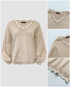 Lantern-Sleeve V-Neck Scallop-Trim Sweater — Noélla Montréal