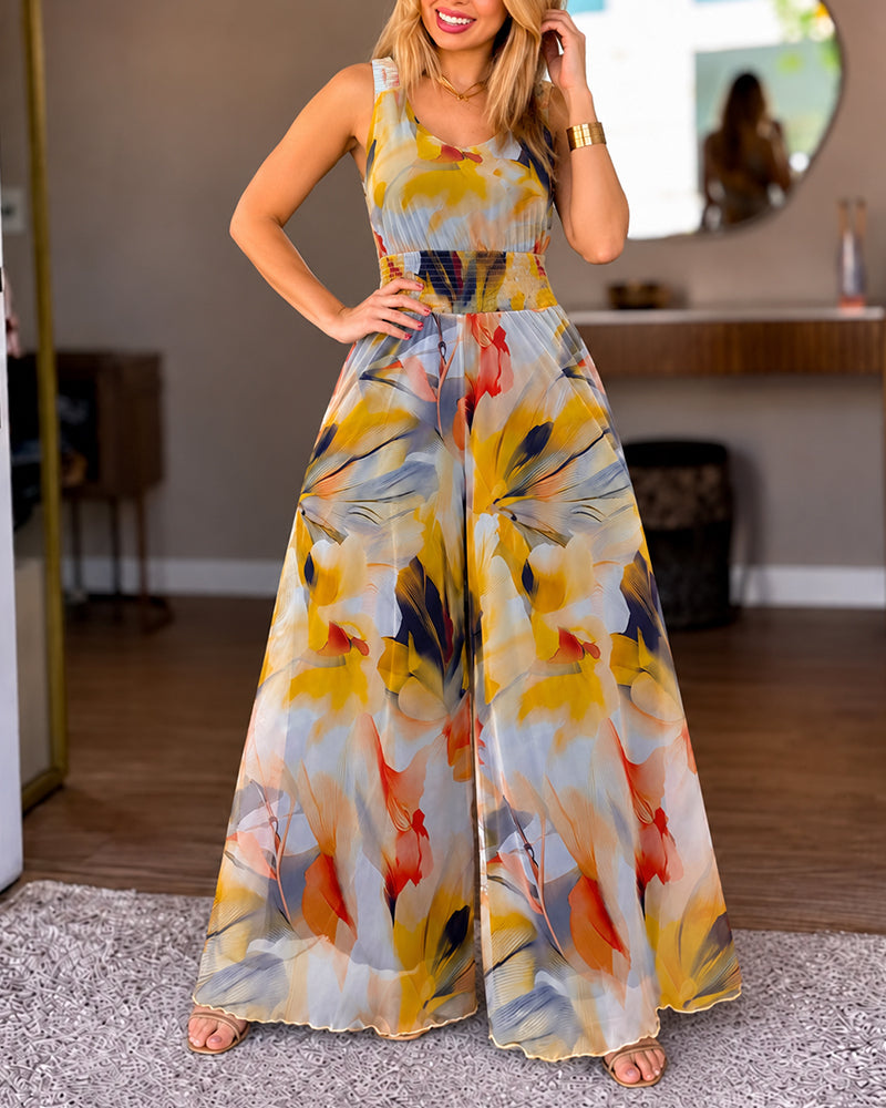 Floral V-Neck Shirred Jumpsuit