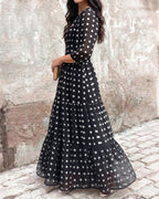 Chiffon Button-Up Lantern-Sleeve Maxi Dress