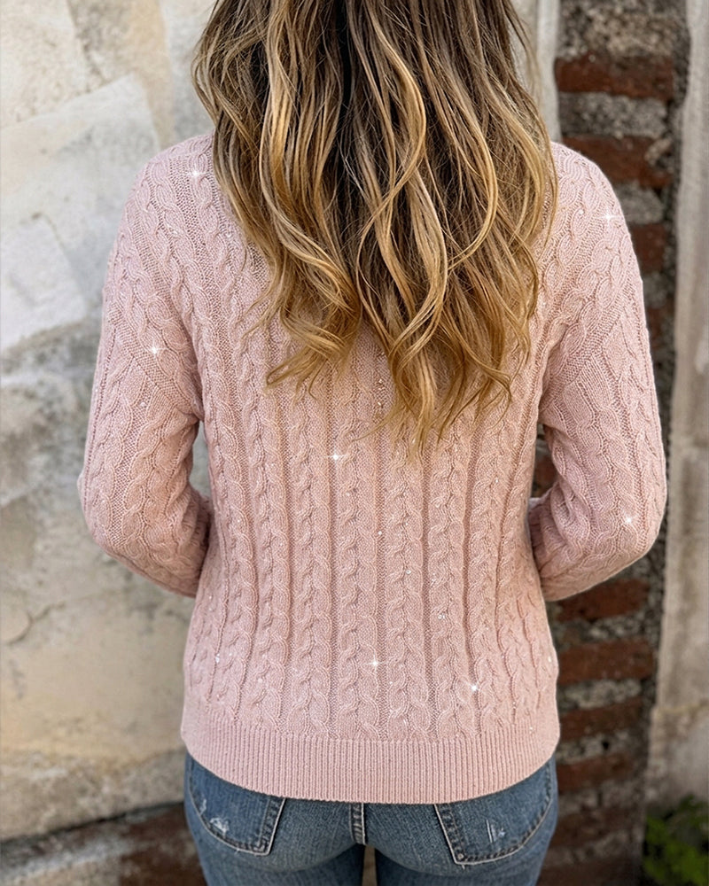 Cable-Knit Sequin V-Neck Cardigan