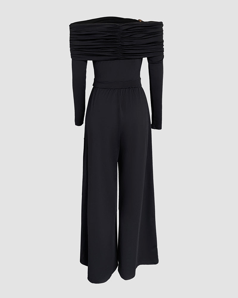 Off-Shoulder Ruched Wide-Leg Jumpsuit