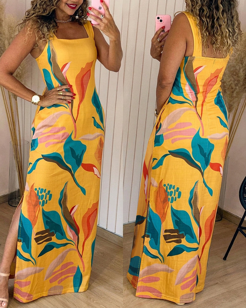 Square-Neck Pocket Slit Maxi Dress