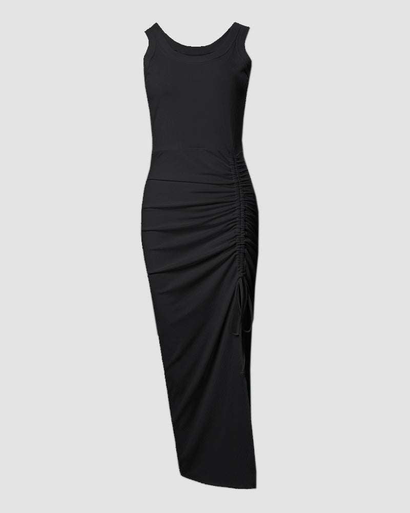 Ribbed Ruched Drawstring Maxi Dress