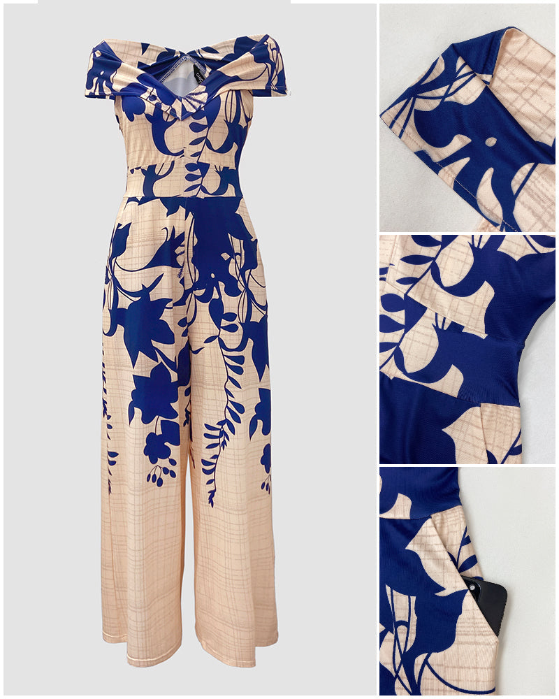 Floral Off-Shoulder V-Neck Jumpsuit