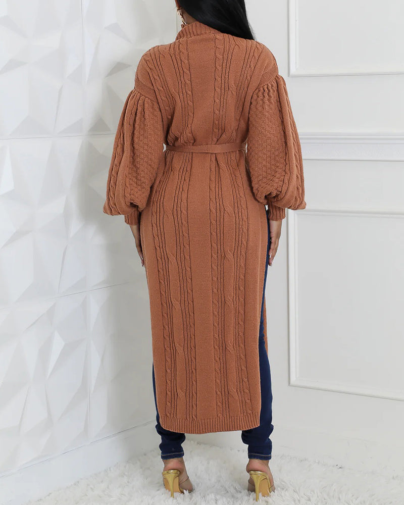 Textured Lantern-Sleeve High-Neck Sweater
