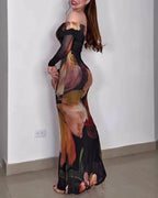 Off-Shoulder Mermaid Mesh Maxi Dress