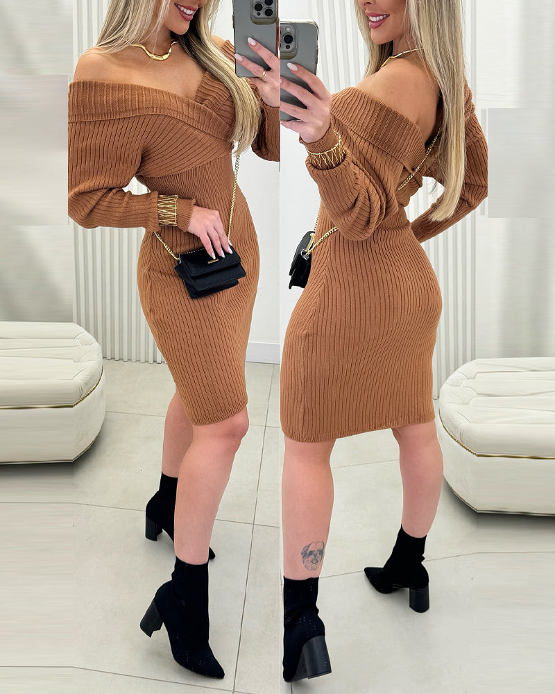 Off-Shoulder V-Neck Sweater Dress