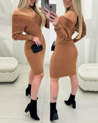 Off-Shoulder V-Neck Sweater Dress