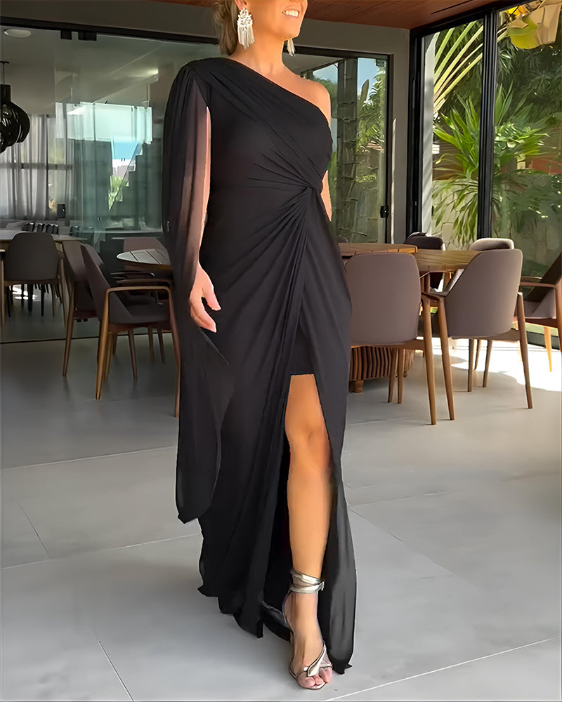 One-Shoulder Ruched Slit Dress