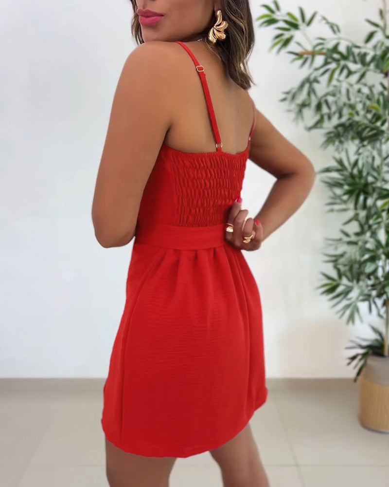 Square-Neck Shirred Slit Romper