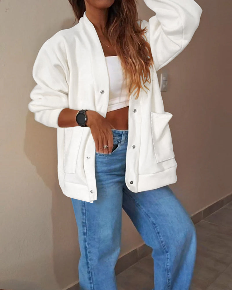Snap-Button V-Neck Drop-Shoulder Cardigan