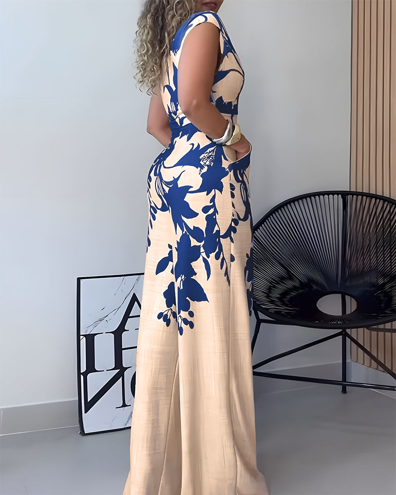 Floral Off-Shoulder V-Neck Jumpsuit