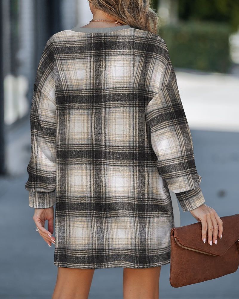 Plaid Drop-Shoulder Slit Sweatshirt