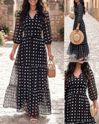 Chiffon Button-Up Lantern-Sleeve Maxi Dress