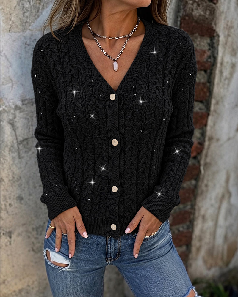 Cable-Knit Sequin V-Neck Cardigan