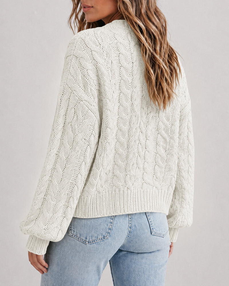 Cable-Knit Lantern-Sleeve V-Neck Cardigan — Noélla Montréal