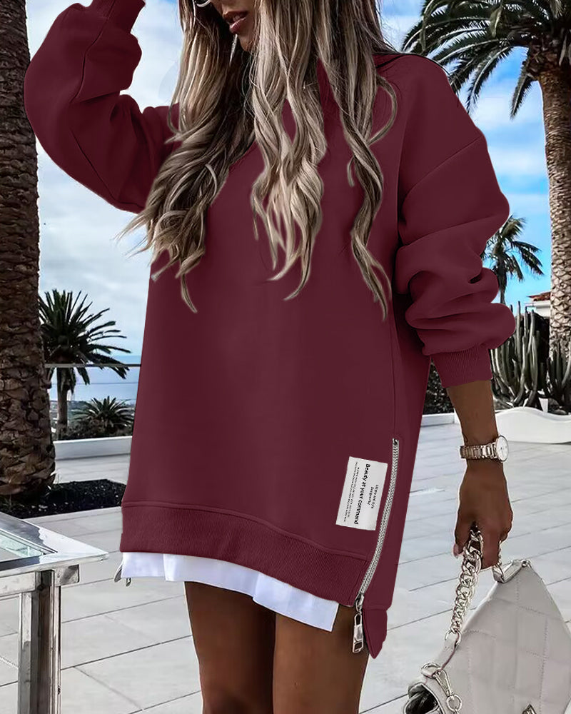 Drop-Shoulder Slit Zip Sweatshirt