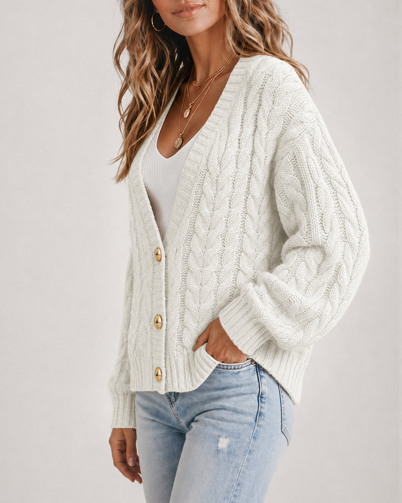 Cable-Knit Lantern-Sleeve V-Neck Cardigan — Noélla Montréal