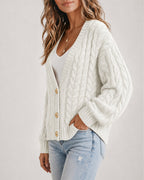Cable-Knit Lantern-Sleeve V-Neck Cardigan — Noélla Montréal