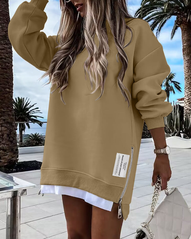 Drop-Shoulder Slit Zip Sweatshirt
