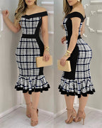 Colorblock Off-Shoulder Ruffle Dress