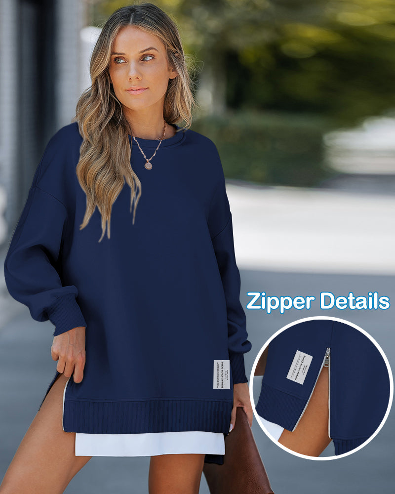 Drop-Shoulder Slit Zip Sweatshirt