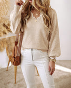Lantern-Sleeve V-Neck Scallop-Trim Sweater — Noélla Montréal