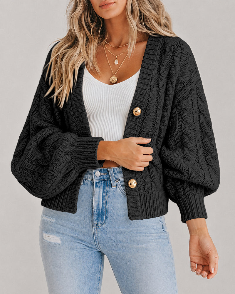 Cable-Knit Lantern-Sleeve V-Neck Cardigan — Noélla Montréal