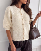 Bouclé Beaded Button-Up Cardigan