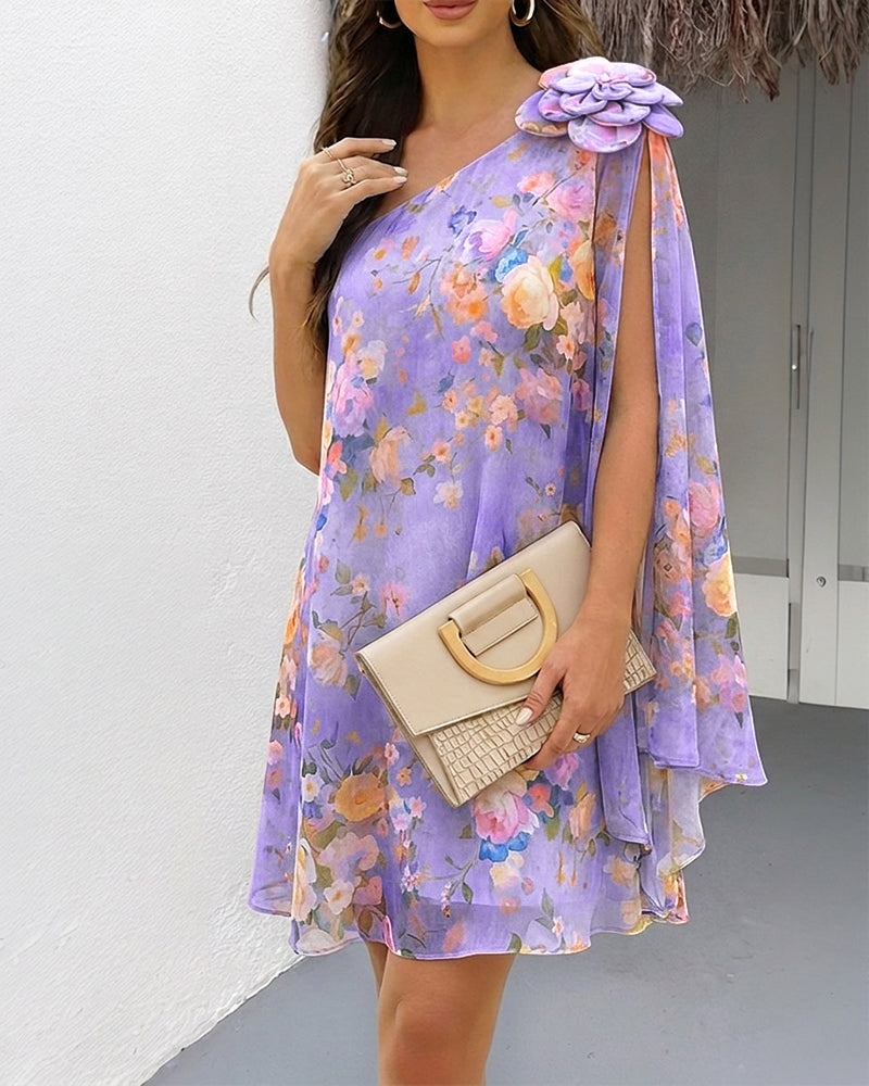 Floral Chiffon One-Shoulder Mini Dress