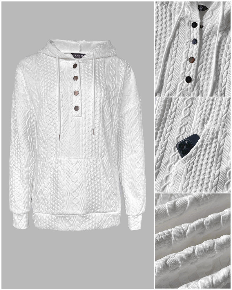 Textured Snap-Button Drawstring Hoodie