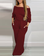 Off-Shoulder Wide-Leg Drop-Shoulder Jumpsuit