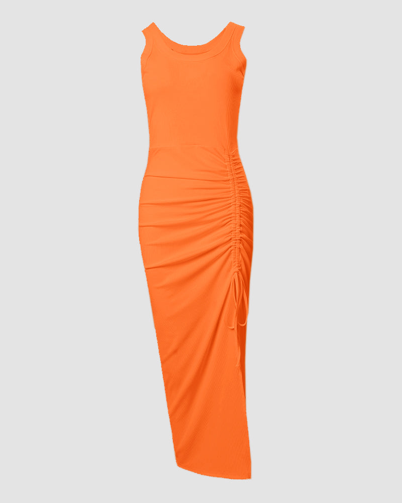 Ribbed Ruched Drawstring Maxi Dress