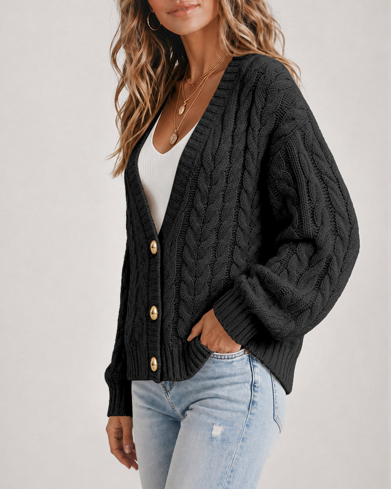 Cable-Knit Lantern-Sleeve V-Neck Cardigan — Noélla Montréal