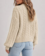 Cable-Knit Lantern-Sleeve V-Neck Cardigan — Noélla Montréal