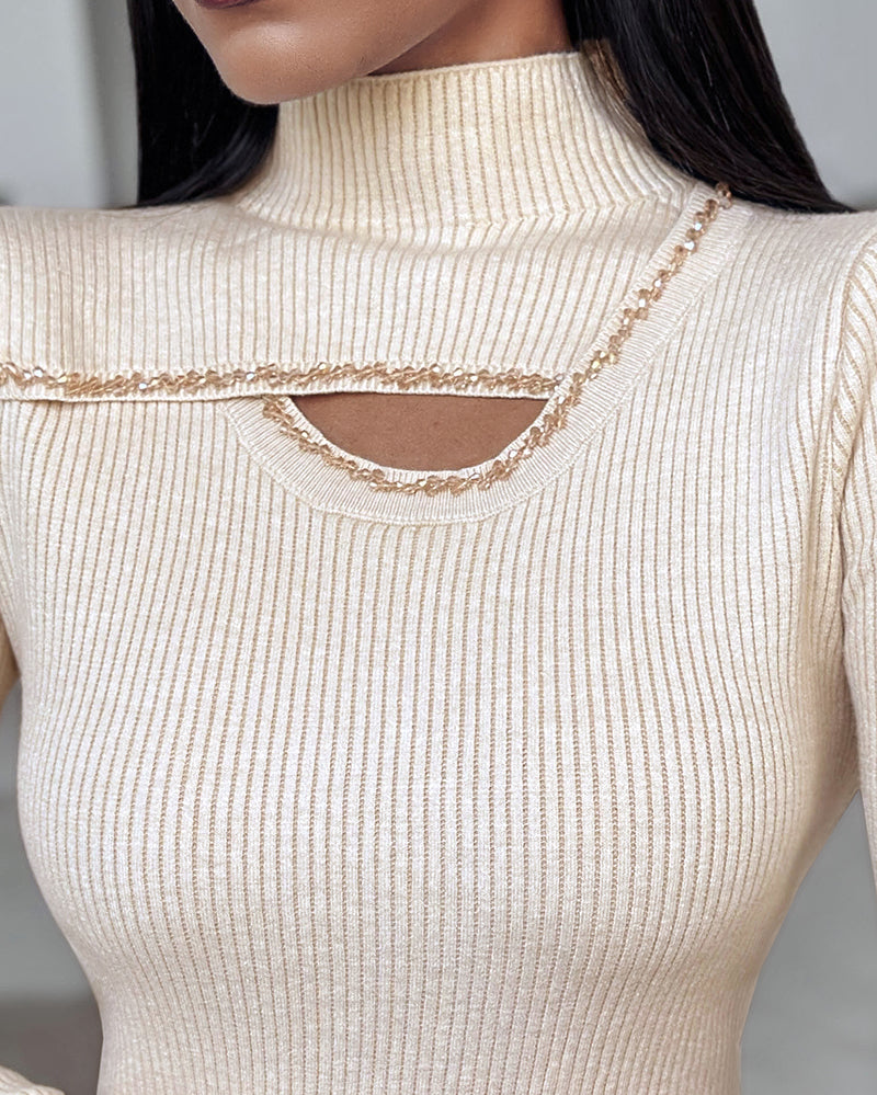 Beaded High-Neck Cutout Sweater