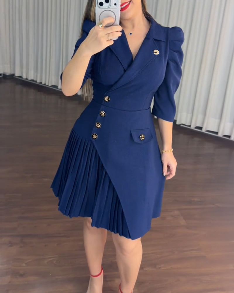 Puff-Sleeve Asymmetrical Pleated Dress — Noélla Montréal