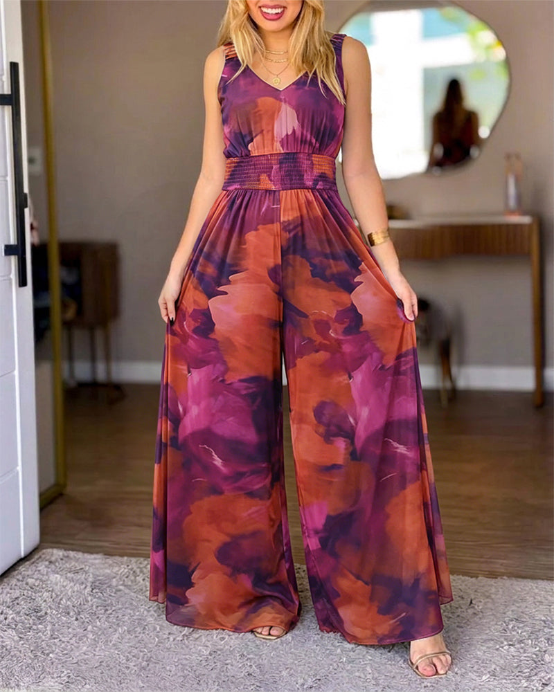 Tie-Dye V-Neck Backless Jumpsuit
